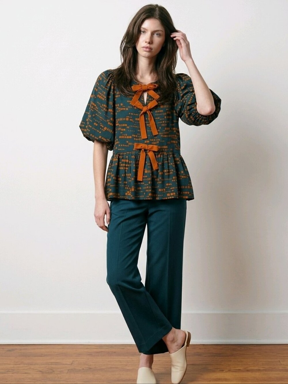 easel Black Top with Orange Dot Print & Bow Front